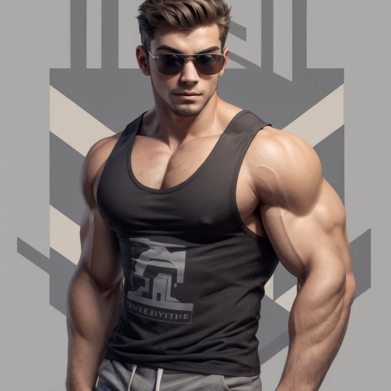 A very handsome young man, sunglasses, gray tank top, muscular, on a gray background