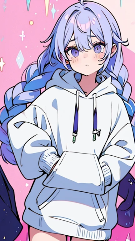 a majestic girl pastel purpel color hair wearing a hoodie using magic lose braids  determind face