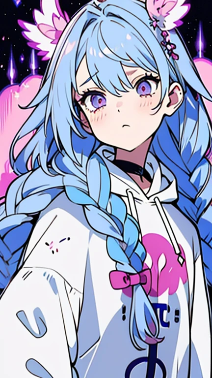 a majestic girl pastel purpel color hair wearing a hoodie using magic lose braids determind face