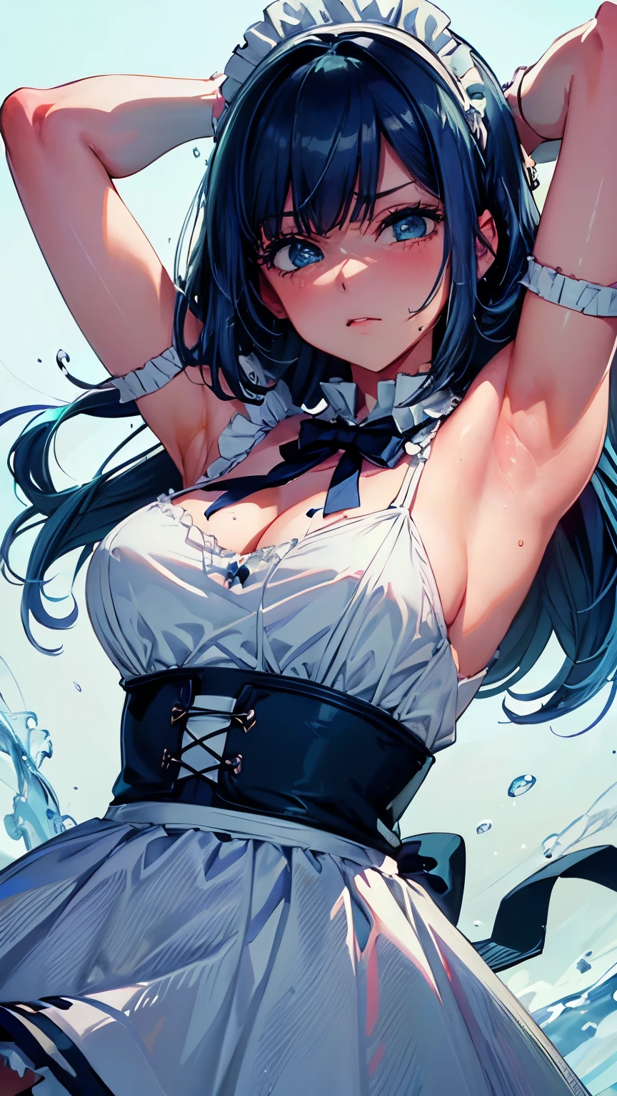 {Highest quality}. {so beautiful}. {Super detailed}, {Best illustrations}, ((Armpit bukkake))、looking at armpit、Semen、Humiliating、Disgusted face、Maid clothes、Blue Hair、blue eyes、Bob Hair