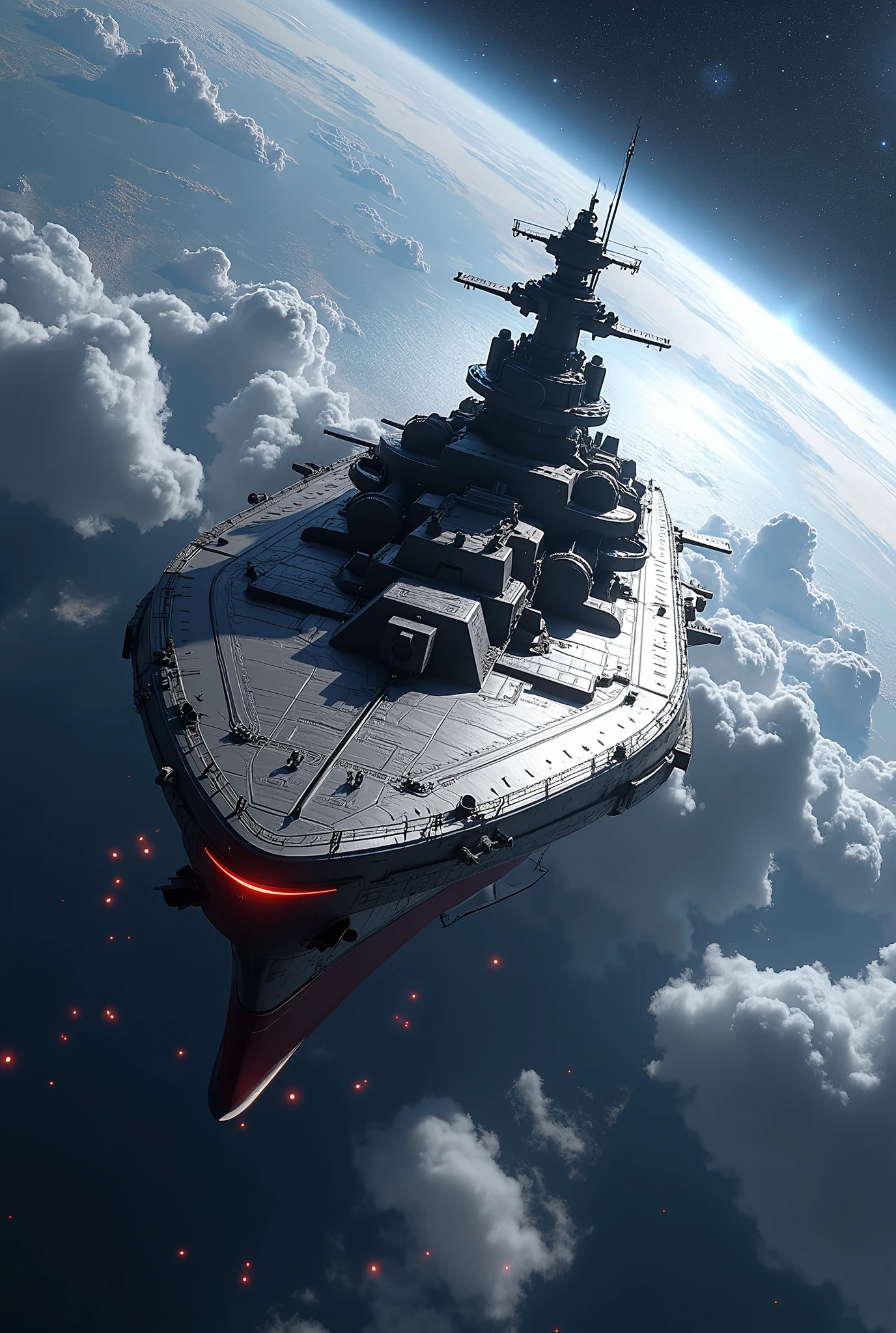 masterpiece,Highest quality,Ultra-high resolution,(Super detailed),8k,wallpaper,Realistic,(DSLR Canon style),BREAK(A spaceship shaped like a battleship is heading towards the galaxy with Earth behind it.),(The bow emerges from the clouds),(sf:2.0),(A streamlined spaceship inspired by the Yamato Battleship and Star Destroyers.:2.0),(A small Earth can be seen behind the spaceship:2.0),(The background is outer space and Earth:2.0),(dynamic,Big impact,Dynamic Angles:2.0),(Beautiful particles of light are emanating from the wave motion engine at the stern:2.0),(Equipped with a wave motion gun at the bow:2.0),(Equipped with 3 main cannons)