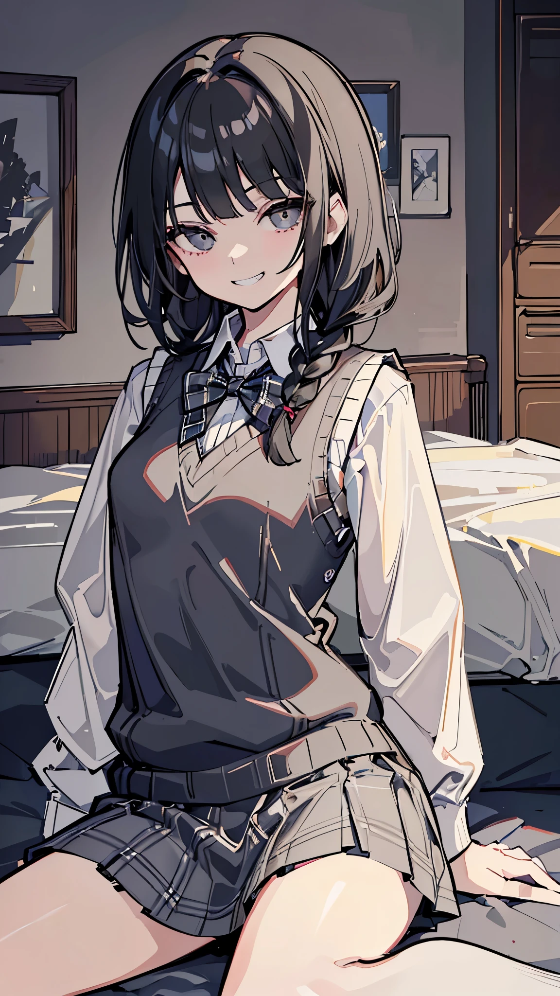 masterpiece、Highest quality、Very detailed))、One person、Black Hair、Black Hair、single braid、blunt bangs、Grey Eyes、evil smile、((Grin))、((Small breasts))、((White collared shirt))、Removed button、((gray sweater vest))、((plaid miniskirt))、Cowboy Shot、((spread legs))、On the bed、Bedroom Background