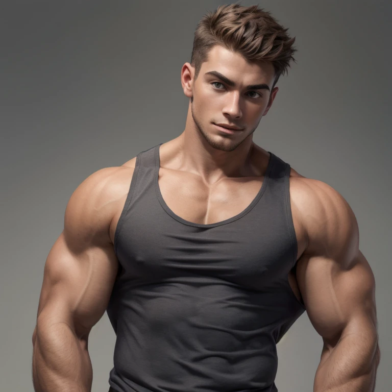 A very handsome young man, gray tank top, muscular, on a gray background