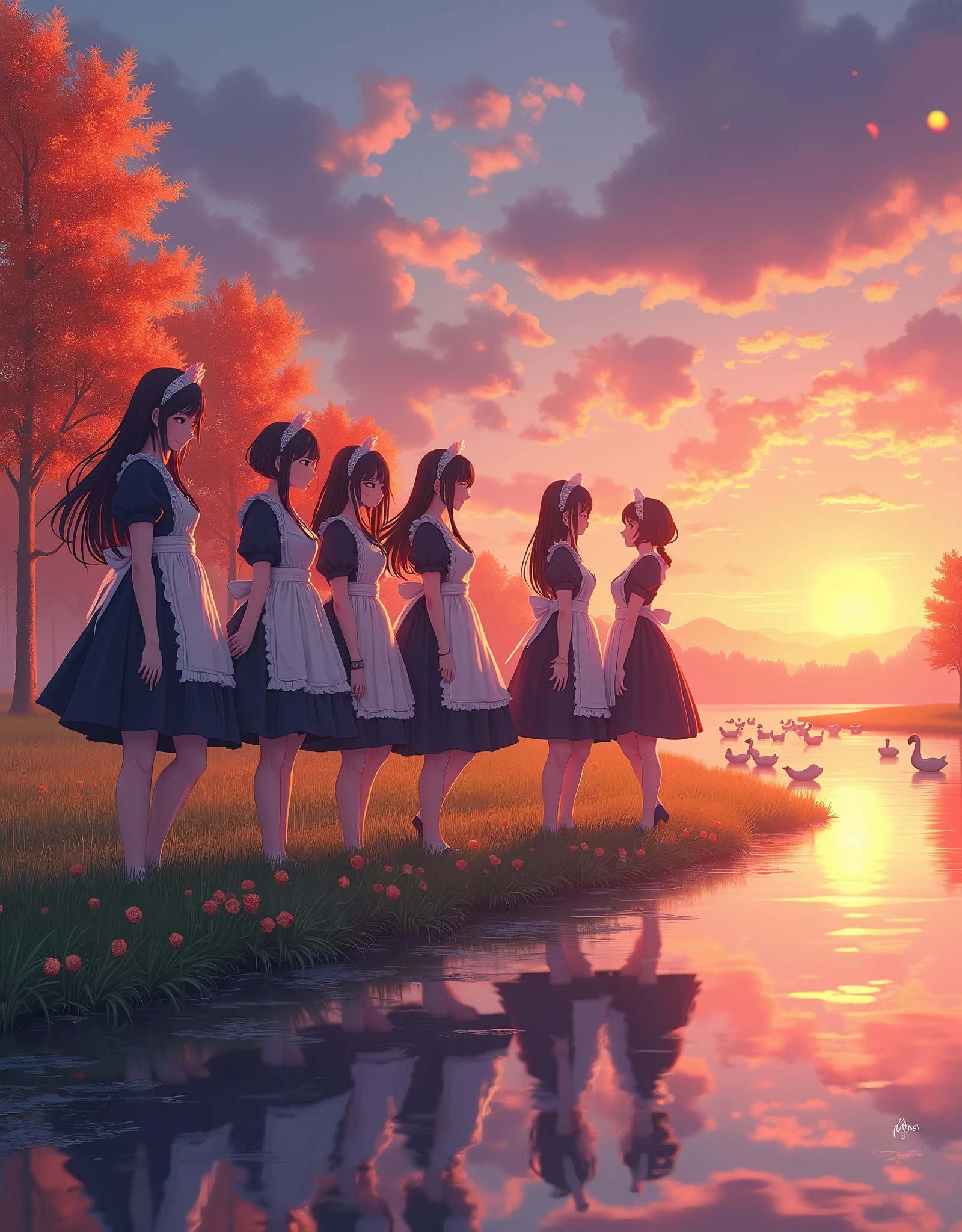 The sunset flies with the lonely geese in the distance, and the autumn river water and the vast sky are connected, unparalleled (Fisheye Lens Full Body wide Shot), (Extremely Detailed((Kawaii Maid Group in a row:1.37))), Childish perfect face, Reflective Eyes, Detailed(Delicate Clothing textures), Dynamic Joyful Expressions LifeLike Rendering, Specular Reflection, TopQuality, Ultra-detailed, insane masterpiece (ProfessionalPhoto:1.37), (Acutance:0.8), (Luminism:1.28), (Renaissance art style), Colorful Light particles, ((Full body from side)), {MicroMini(SkirtLift)|Kissing|Hugging|Undressing}, Radiant Fine Skin with Transparency, (Exposed:0.5), (Different types of Anime hair colors:1.6), Perfect Lighting, girl in nsfw, age19, Solo, Long hair, Colossal , Looking at Viewer, blondehair, Bare shoulders, Brown eyes, jewely, Full body nude, a necklace, off shoulders, Sweaters, Realistic, A sexy detailed portrait, vibrant colors, soft lighting, oil skin, Ultra Professional PhotoRealistic ((insane Gorgeous Diva UnrealEngine5 insane tmasterpiece, ultra high-quality, ultra high-details, ultra sharp-focus, ultra-high-resolution 256K XT3 128K ultra-high-definition, vibrant DSLR vivid moonset)), colorful lighting, cinematic_sunlight, reflection, saturate, Raw, nsfw, varies multi etc. --v 6 --s 1000 --c 20 --q 500 --chaos 100
