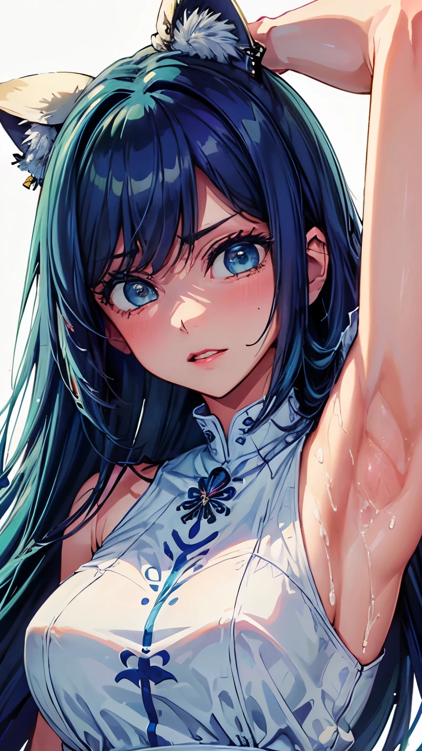 {Highest quality}. {so beautiful}. {Super detailed}, {Best illustrations}, ((Armpit bukkake))、looking at armpit、Semen、Humiliating、Disgusted face、Completely naked、Blue Hair、blue eyes、Bob Hair