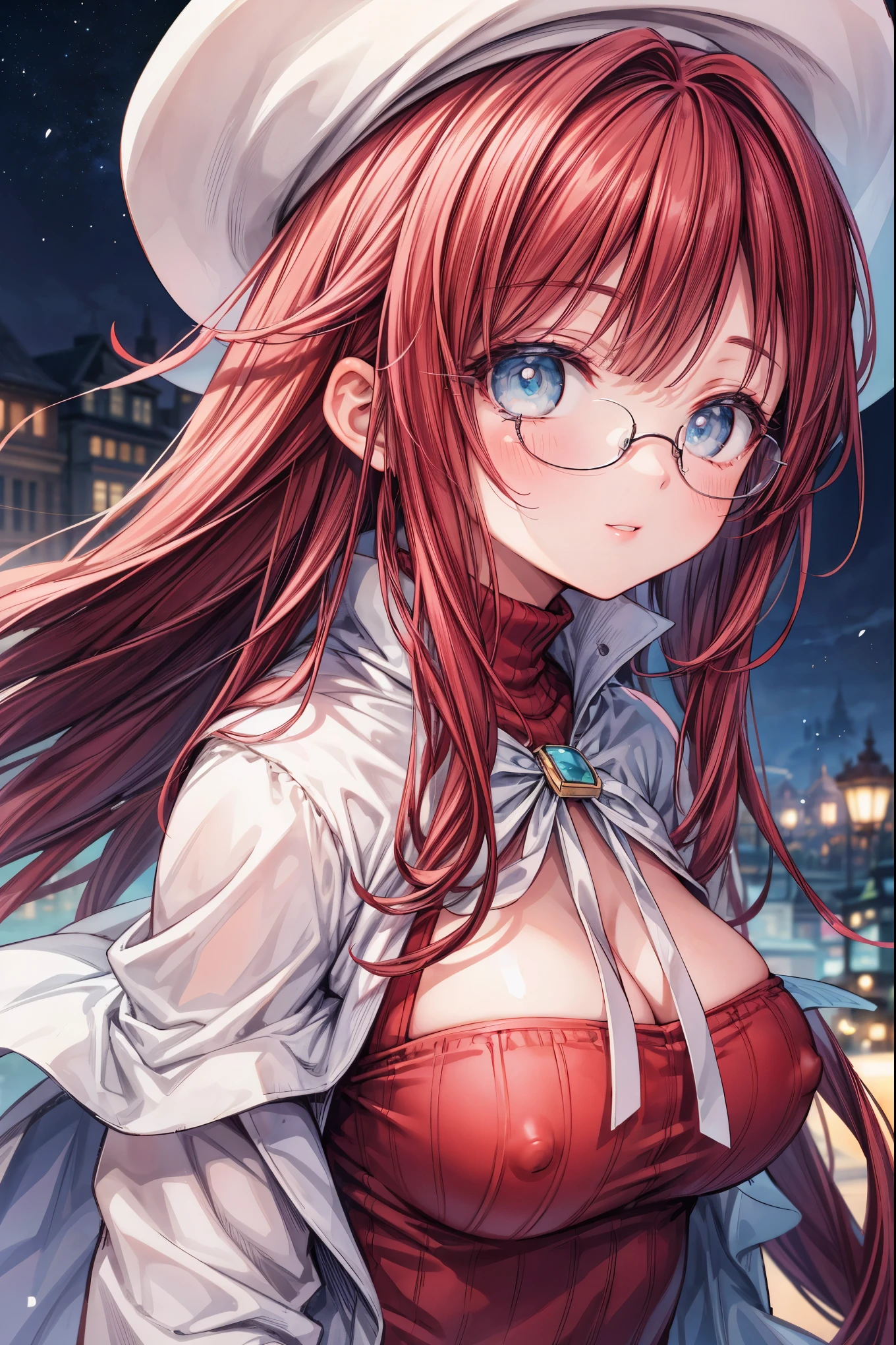 summonnightaty, aty, (young:1.3),long hair, blue eyes, red hair, big_tits, hat, glasses, BREAK long hair,, hat, dress,glasses, cape, sweater, beret,ribbed sweater,,solo, BREAK outdoors, fantasy, BREAK (masterpiece:1.2), best quality, high resolution, unity 8k wallpaper, (illustration:0.8), (beautiful detailed eyes:1.6), extremely detailed face, perfect lighting, extremely detailed CG, perfect anatomy),covered_nipples,half_eyes,sleepy_eyes,red_sweater,magical_effect,,Smile,closed_mouth,solo,in_modern_town_landscape,night_sky,solo,portrait,bust up,looking_viewer,shiny_lips,blush