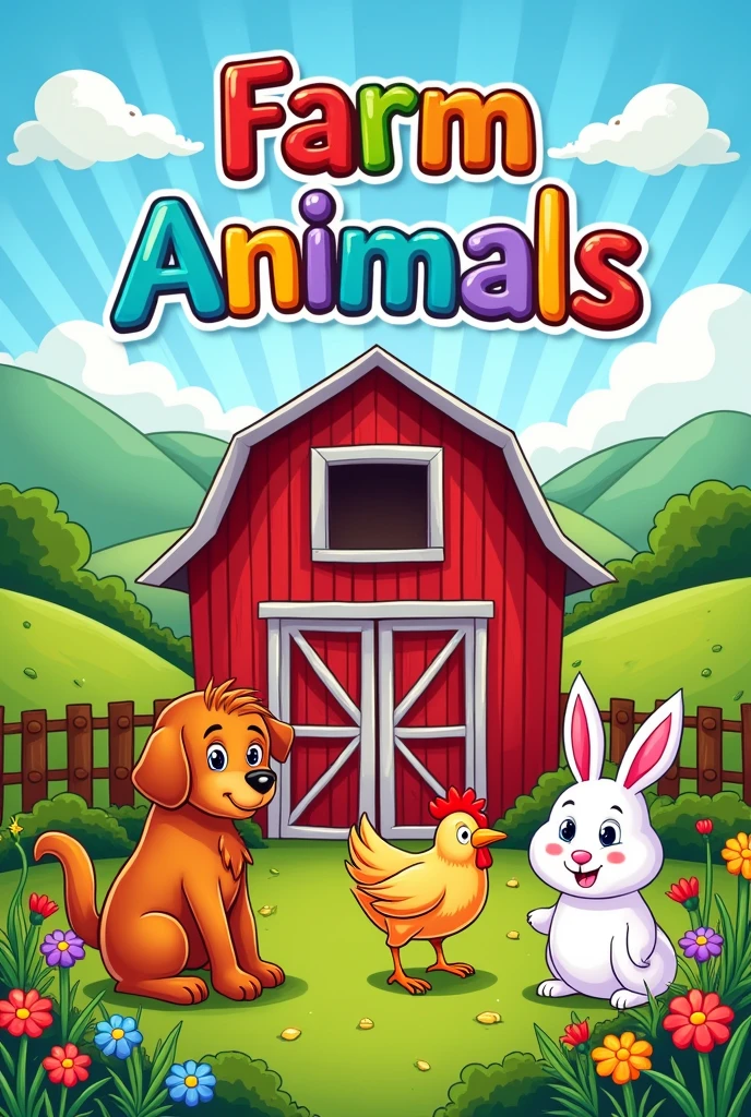 Create a vibrant and appealing image for the cover of a children's coloring book with the theme 'Farm Animals.' The cover should feature a variety of animals, such as a dog, a horse, a chicken, a cow, and a rabbit, all together, with a red barn in the background and a joyful, colorful setting. The scene can include a natural landscape with trees, flowers, and a blue sky with fluffy clouds. The book's title should be prominently displayed at the top in large, fun letters with bright colors and outlines that stand out. The image should be detailed enough to capture children's attention.