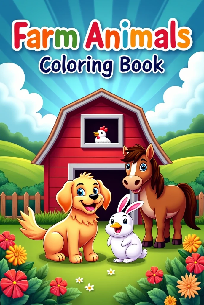 Create a vibrant and appealing image for the cover of a children's coloring book with the theme 'Farm Animals.' The cover should feature a variety of animals, such as a dog, a horse, a chicken, a cow, and a rabbit, all together, with a red barn in the background and a joyful, colorful setting. The scene can include a natural landscape with trees, flowers, and a blue sky with fluffy clouds. The book's title should be prominently displayed at the top in large, fun letters with bright colors and outlines that stand out. The image should be detailed enough to capture children's attention.