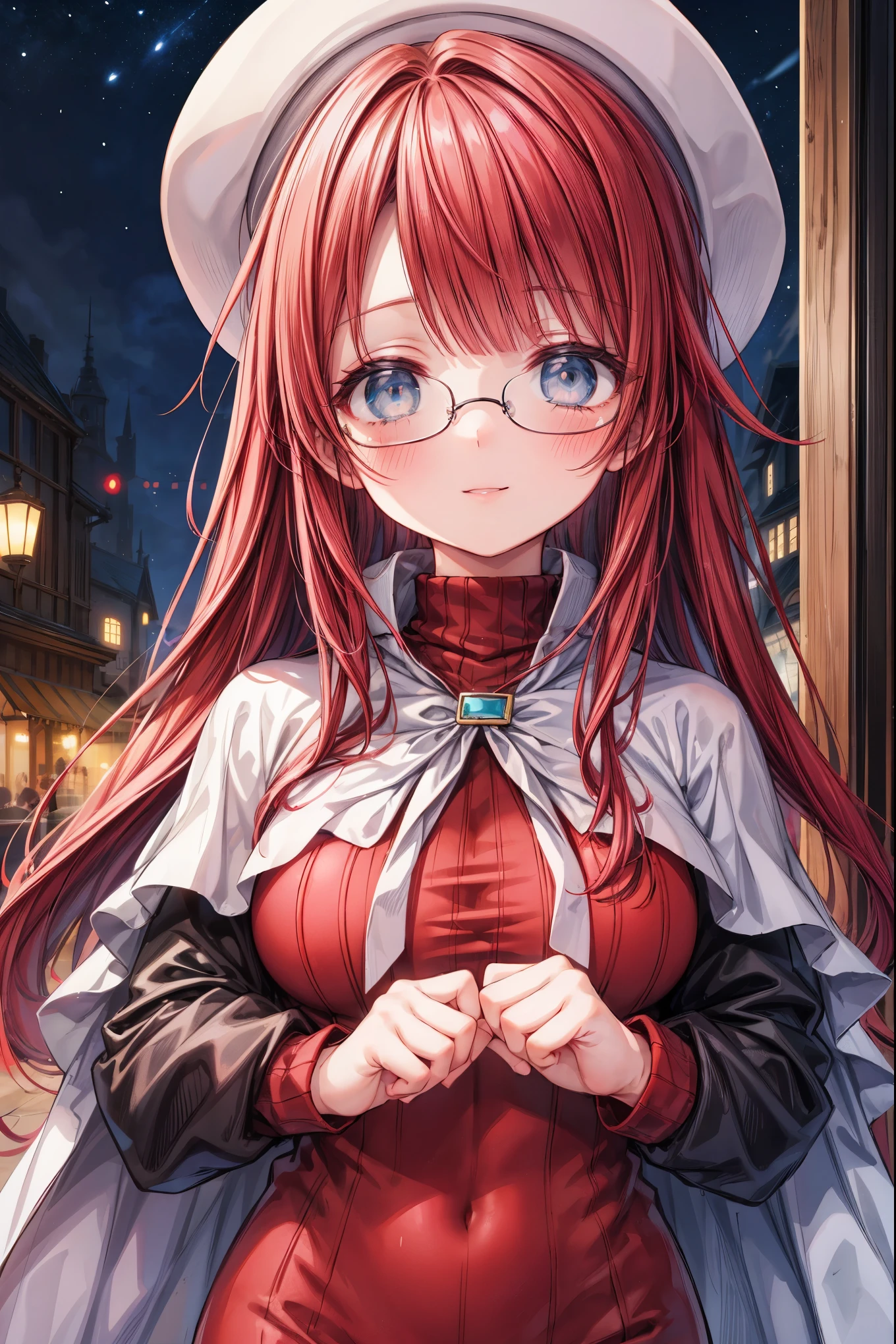 summonnightaty, aty, (young:1.3),long hair, blue eyes, red hair, big_tits, hat, glasses, BREAK long hair,, hat, dress,glasses, cape, sweater, beret,ribbed sweater,,solo, BREAK outdoors, fantasy, BREAK (masterpiece:1.2), best quality, high resolution, unity 8k wallpaper, (illustration:0.8), (beautiful detailed eyes:1.6), extremely detailed face, perfect lighting, extremely detailed CG, perfect anatomy),covered_nipples,half_eyes,sleepy_eyes,red_sweater,magical_effect,,Smile,closed_mouth,solo,in_modern_town_landscape,night_sky,solo,portrait,bust up,looking_viewer,shiny_lips,blush