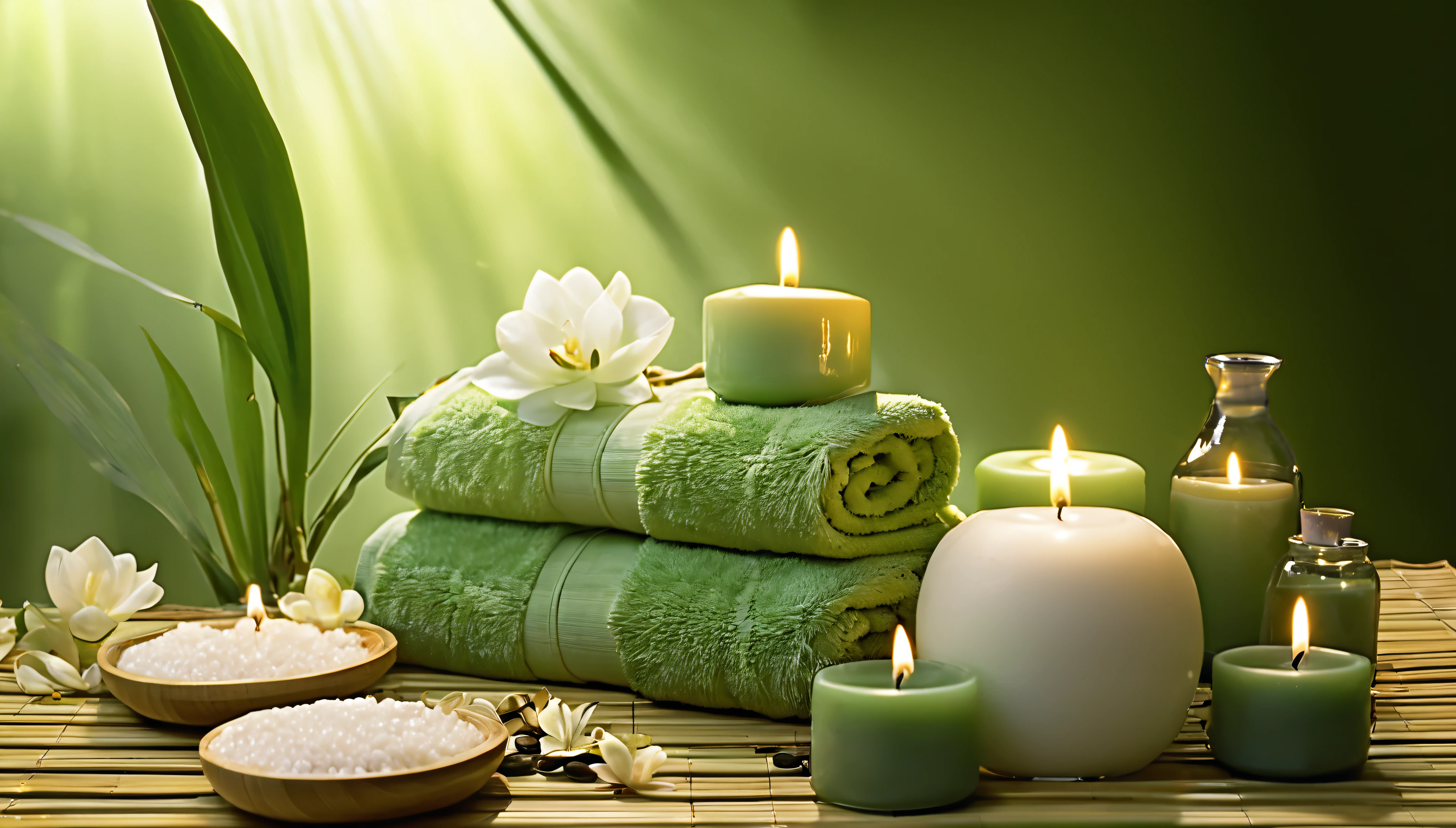 towel, Candles, and other items are on a bamboo mat, relax mood, Candles, Peaceful atmosphere, Romantic atmosphere, spa, relax atmosphere, relax environment, lit Candles, Paradise Garden Massage, relax, floating Candles, Morning Glow, Beautiful atmosphere, Soft glow, Beautiful atmosphere, towel, beautiful and soft lighting, appease, room full of Candles