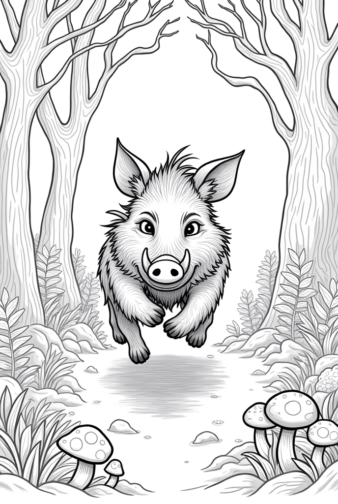 Funny wild boar coloring page running through the forest black and white