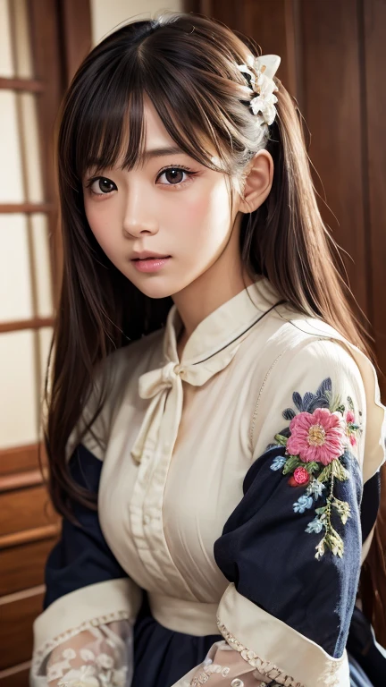 people々focus on。people物の最も輝く構図をリアルに表現する。((masterpiece))、(((Highest quality)))、((Ultra-detailed))、(Surreal)、(Highly detailed CG illustration)、(Very delicate and beautiful)、少女はmasterpiece、Highest quality、Realistic texture、Realistic Fabric、Here is a realistic illustration of a face with realistic and super detailed eyes..。This is an absolute rule, And the next sentence describes the quality of the image:。 people類史上最も偉大な画家が比類のない美と出会う、犬喰いちご史上最高masterpieceです, The most beautiful portrait of her life.。 Create amazing anime artworks that are currently trending with seaStation、Showcasing exquisite beauty and captivating aesthetics。Hair is tied、Black peasant dress with detailed floral embroidery、now