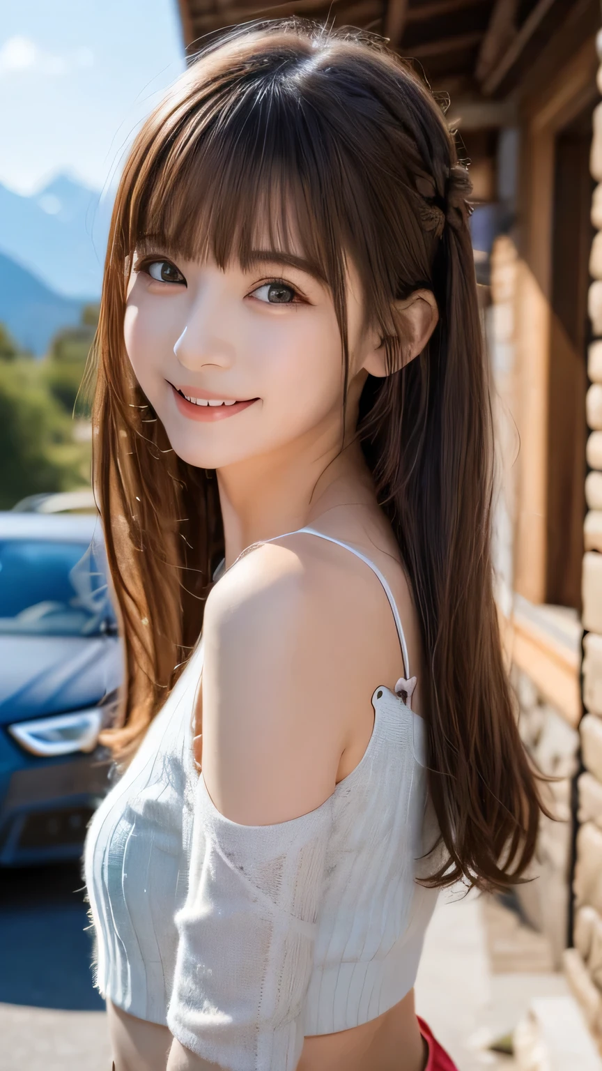 Best image quality (8k, High resolution, masterpiece: 1.2), Very detailed, Random Hairstyles, 26-year-old woman,
Extraordinary beautiful girl、Cute and beautiful face details、(Dealing with the ren_v1:0.008)、
score_9, score_8_upper, score_7_upper,
Audi A4 being filmed in front of a mountain lodge. Situation: Scene of an Audi A4 driving through the mountains。A stillness hangs in the air。
Camera angle: Captured with a shot from the side、Capturing the car moving forward while kicking up sand。
,Active stop temporarily ,
On her side、The thunder danced。
Focus on the upper waist
, Random cute poses ,Big eyes ,Puffys , Heart pupil, blush , Big shy smile , salute