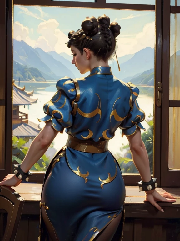 (AOC:1.1), (Oil painting:1.2), from behind, Curved, Slightly Wide hips, thick thighs, (chun li:1.3), brown hair, (AOC:1.1), (Oil painting:1.2), from behind, Curved, Slightly Wide hips, thick thighs, (chun li:1.3), brown hair, Bun Hair, ((Double bun, Bun cover:1.5)), lipstick, makeup, blue dress, Blue cheongsam with side slits, Blue footwear, Sheer brown pantyhose, chinese clothes, cross-laced footwear, gold trim, pelvic curtain, short sleeves, puffy sleeves, sash, spiked bracelet, Afternoon at the Summer Resort, From inside the hotel, by sargent, ((masterpiece, best quality, high resolution))((Double bun, Bun cover:1.5)), lipstick, makeup, blue dress, Blue cheongsam with side slits, Blue footwear, Sheer brown pantyhose, chinese clothes, cross-laced footwear, gold trim, pelvic curtain, short sleeves, puffy sleeves, sash, spiked bracelet, Afternoon at the Summer Resort, From inside the hotel, by sargent, ((masterpiece, best quality, high resolution))