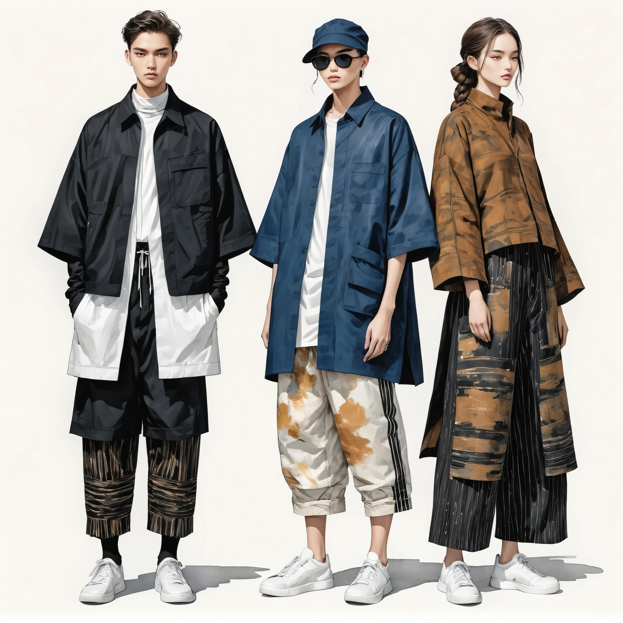 candid fashion illustration a group of young 2man and 1girl models, aged 18-23 year old, tall and slender, Mixed race super model, ((showcase in fashionable cotton outfits inspired by designer Yohji Yamamoto collection)), in elegant and Avant-garde Fashion style of ((cotton woven, ethnic motifs fabric)). mixed indigo, black, copper, gold, quicksilver, Earth tone. The 1st man wears an oversized shirt with ethnic details, paired with slim-fit Pants. The second man complements him in a short-sleeved bowling shirt and oversized Jacket with collage fabric details, paired with big striped Drawstring pants. The woman wears a Ankle-length dress, in cotton woven fabric. (all completes the look with white sneakers, an accessorizes, hat, sunglass, braid hair. Captured in a ((full-body image)), relax and simple pose, ((water-color paint on white paper background)), realistic pencil lines, imperfect drawing, charcoal lines detail, fading sketch, fashion Sketching, low angle view, (full body image), by Yohji Yamamoto hybrid with Rick Ovens fashion designer, detail focus,