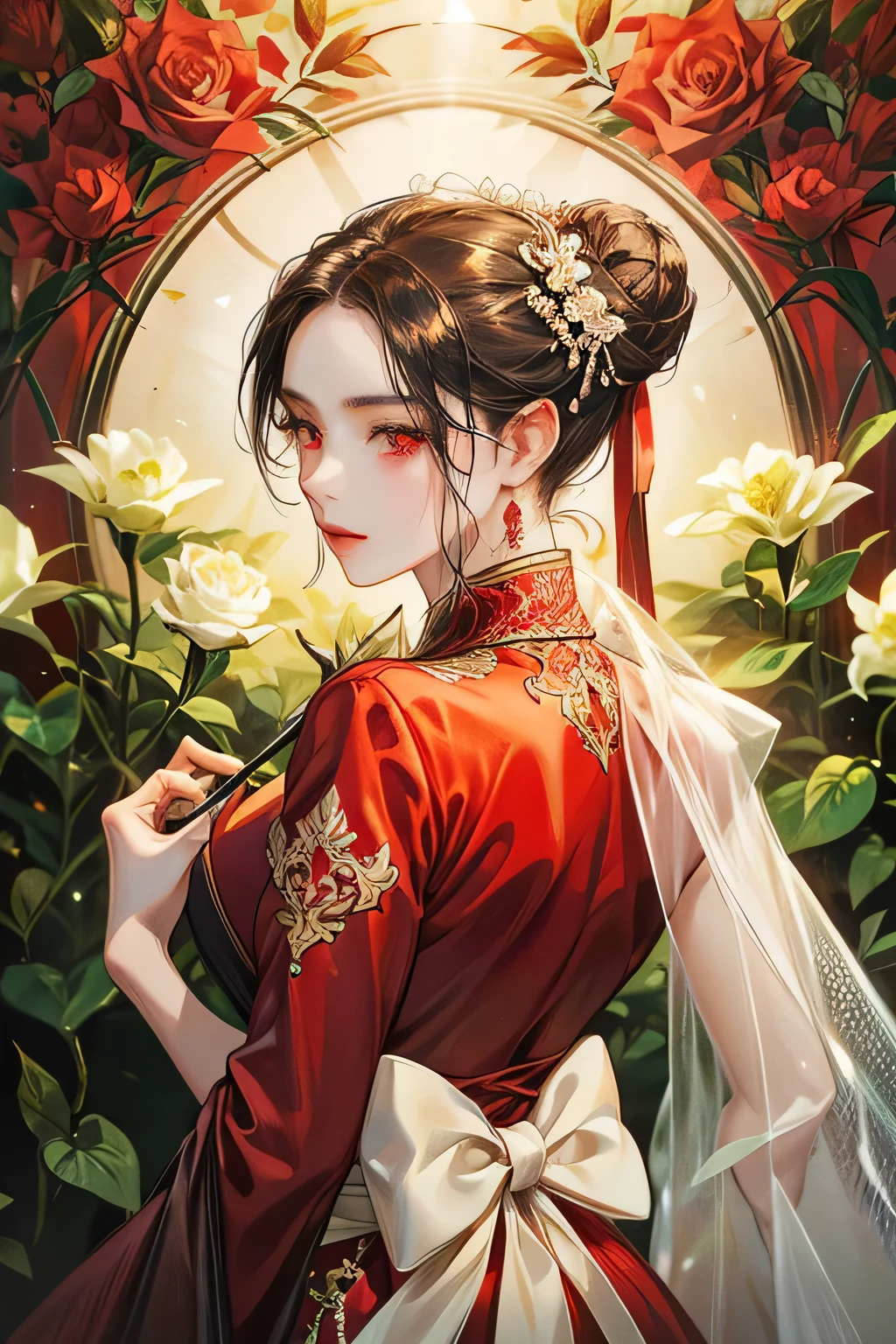 just 1woman, holding daffodil flower, surounded by red and white rose garden, black big bun in her back hair, red suit, red eyes, kebaya, javanese sinden style, detailed, accurate, 4K high Quality.
