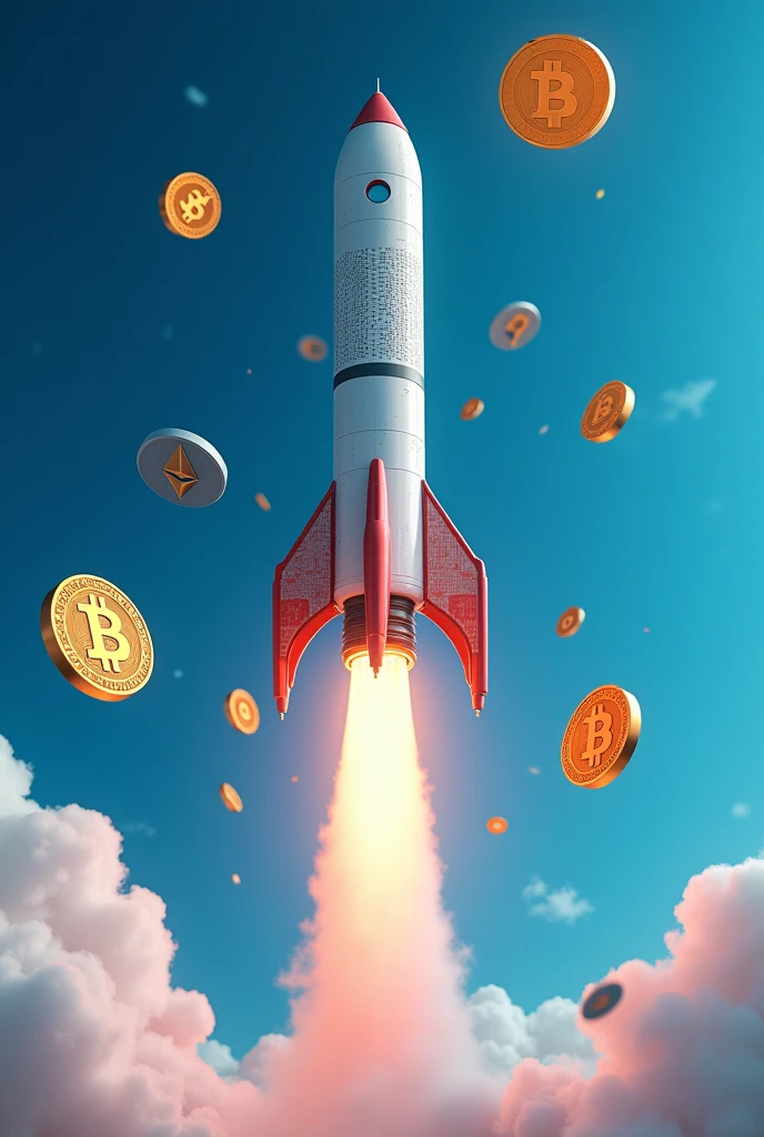 Bitcoin,Ethereum coin,solana coin parachuting down and a rocket in the background