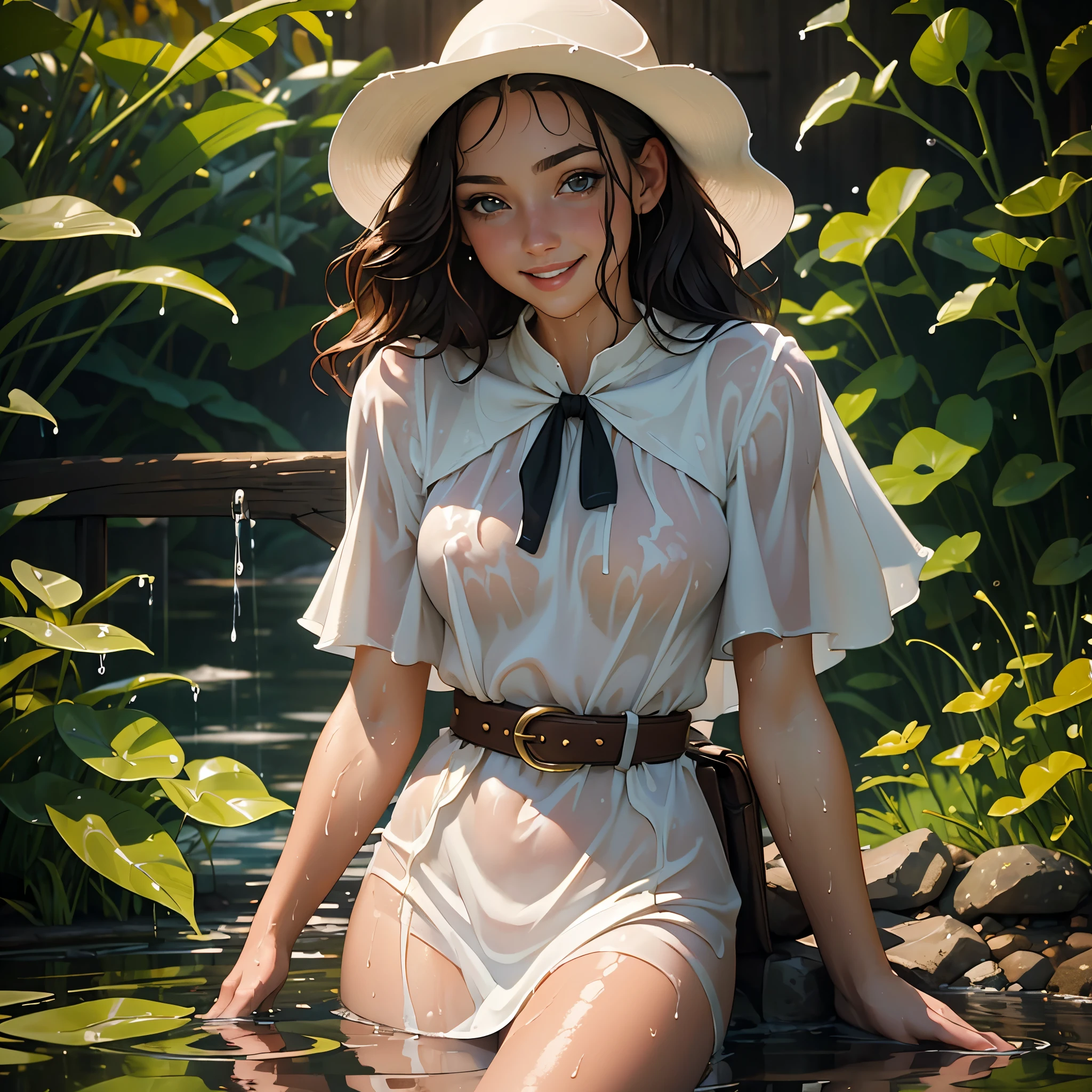 (masterpiece, best quality:1.2), cowboy shot, solo, 1girl, 27 yo peasant woman, smile, looking at viewer, peasant dress, capelet, belt, wet clothes, soaked, dripping wet, wet hair, wet skin, translucent, glistening with oil, fully clothed