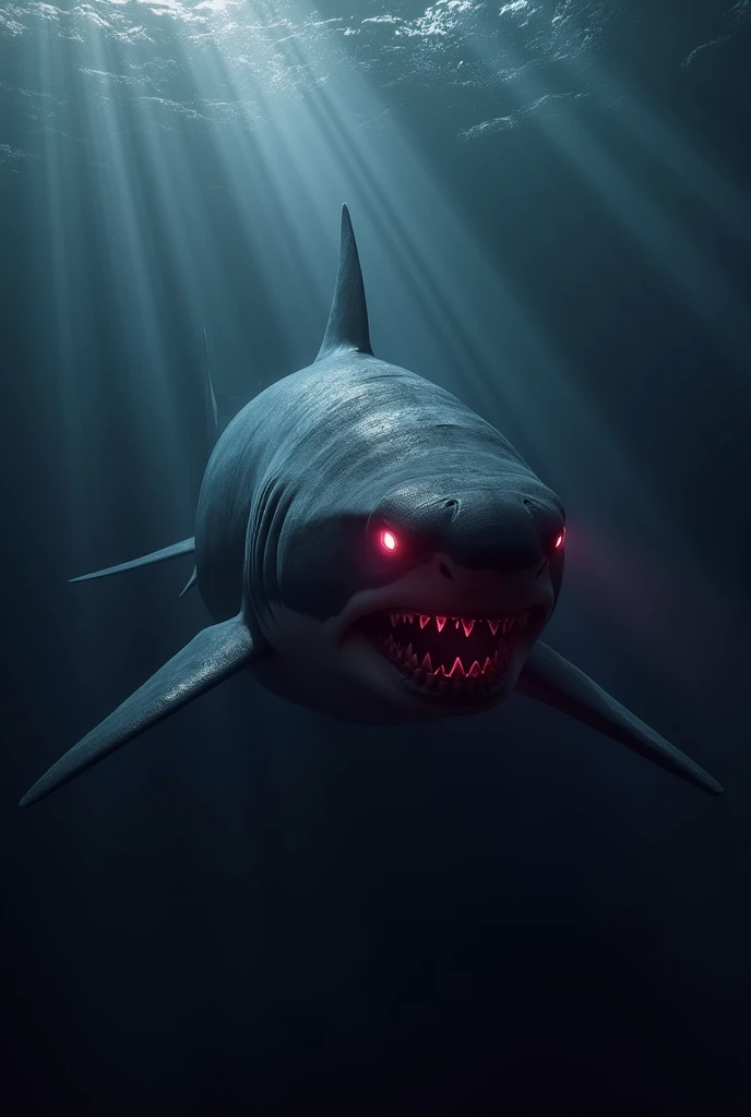 A large, menacing shark deep in the dark ocean, with glowing red eyes that emit powerful beams of light. The shark's sleek body is illuminated by the beams, which cut through the water and reflect off the surface, creating bright red and purple streaks. The shark's sharp teeth are visible as it swims aggressively, with an intense and dangerous aura. The ocean around it is dark, with rays of light filtering from above, giving the scene an ominous and mysterious atmosphere