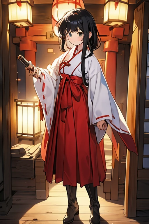 Highest quality, Very detailed,masterpiece,anime, Ultra-high resolution,If you look closely at the eyes, Best illustrations, A very condensed individual, (Very delicate and cute face)、Character portrait、Full body portrait、beautiful girl,Shrine maiden,Japanese、Black hair, medium length, reaching the shoulders,Green Eyes、Shrine maiden服、black tights, Leather long boots、Standing with a wooden sword drawn、No background、Characters only、Red cheeks、Embarrassed