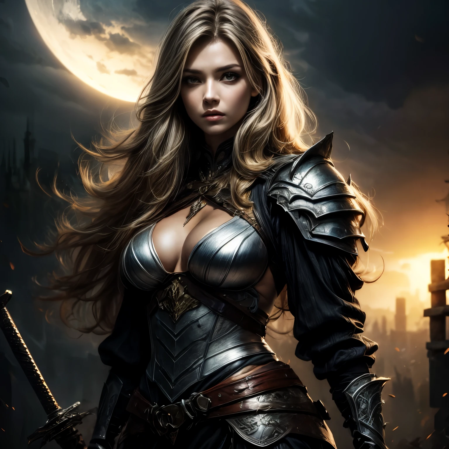  Full body, berserk style, beautiful woman, long curly blonde hair, gentle and shadowy eyes, silver iris, medieval Black armor blackl with a circular sun on the chest, with a bastard sword on hand, ao luar, muito detalhada.