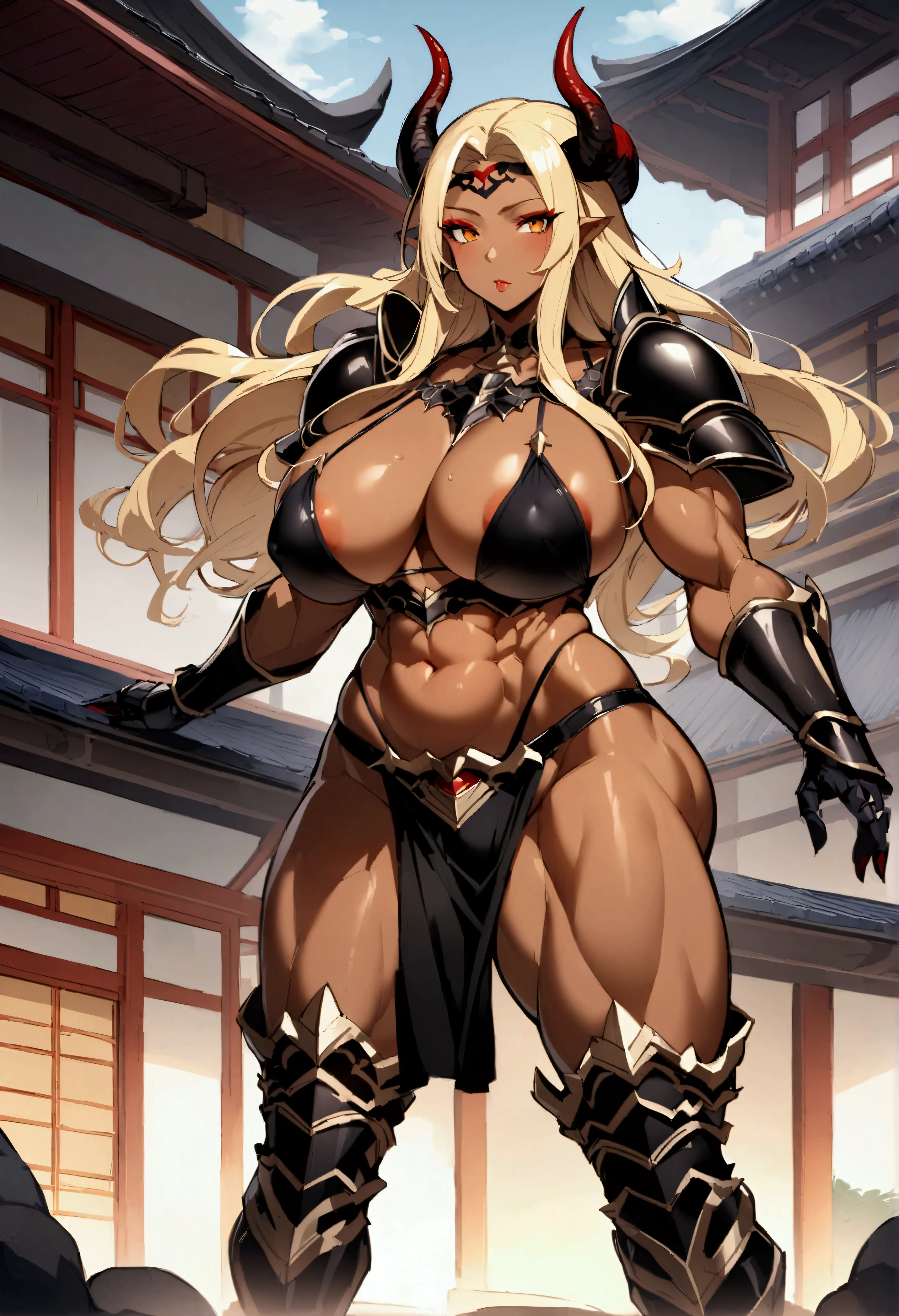 Mature Woman、Armor of the Demon God、Headband of Demon Horns、Black Gauntlet、Black knee boots、Black loincloth、Black shoulder pad、Black Bikini Armor、1 person、Blonde、Long Hair、whole body、Dark skinned woman、abdomen、belly button、Japanese Buildings、Big Breasts、Nipple slip、Red eyeliner、Abdominal muscles