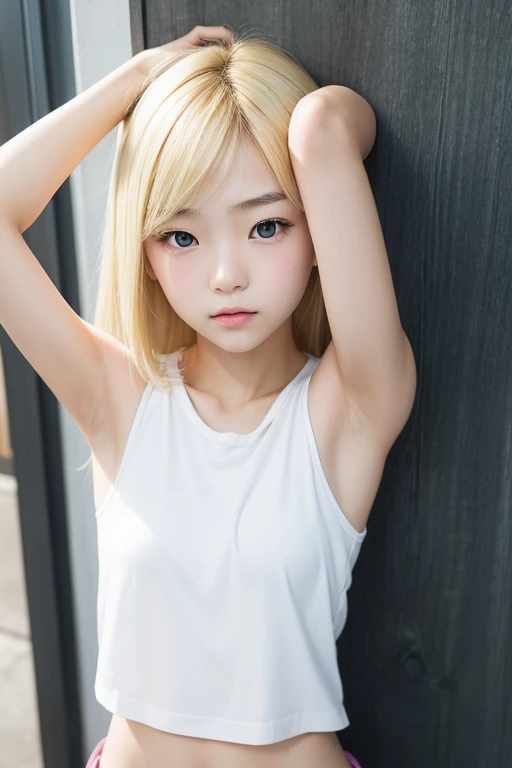 Create a photo of a korean Asian teenager,beautiful girl, ((blonde hair)),10yo,narrow eyes:1.5,slimface,armpits,whitetnaktop,nounderarmhair,littleageface