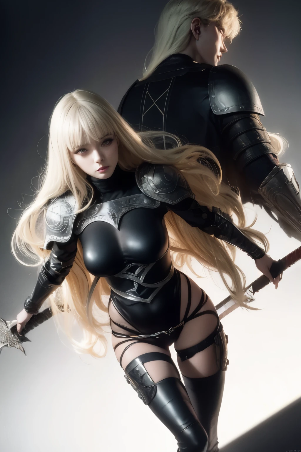berserk style, beautiful woman, long curly blonde hair, gentle and shadowy eyes, silver iris, armor black, medieval with a circular sun on the chest, with a bastard sword strapped to his back.