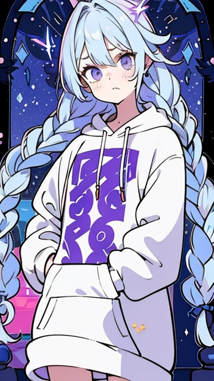 a majestic girl pastel purpel color hair wearing a hoodie using magic lose braids angry face