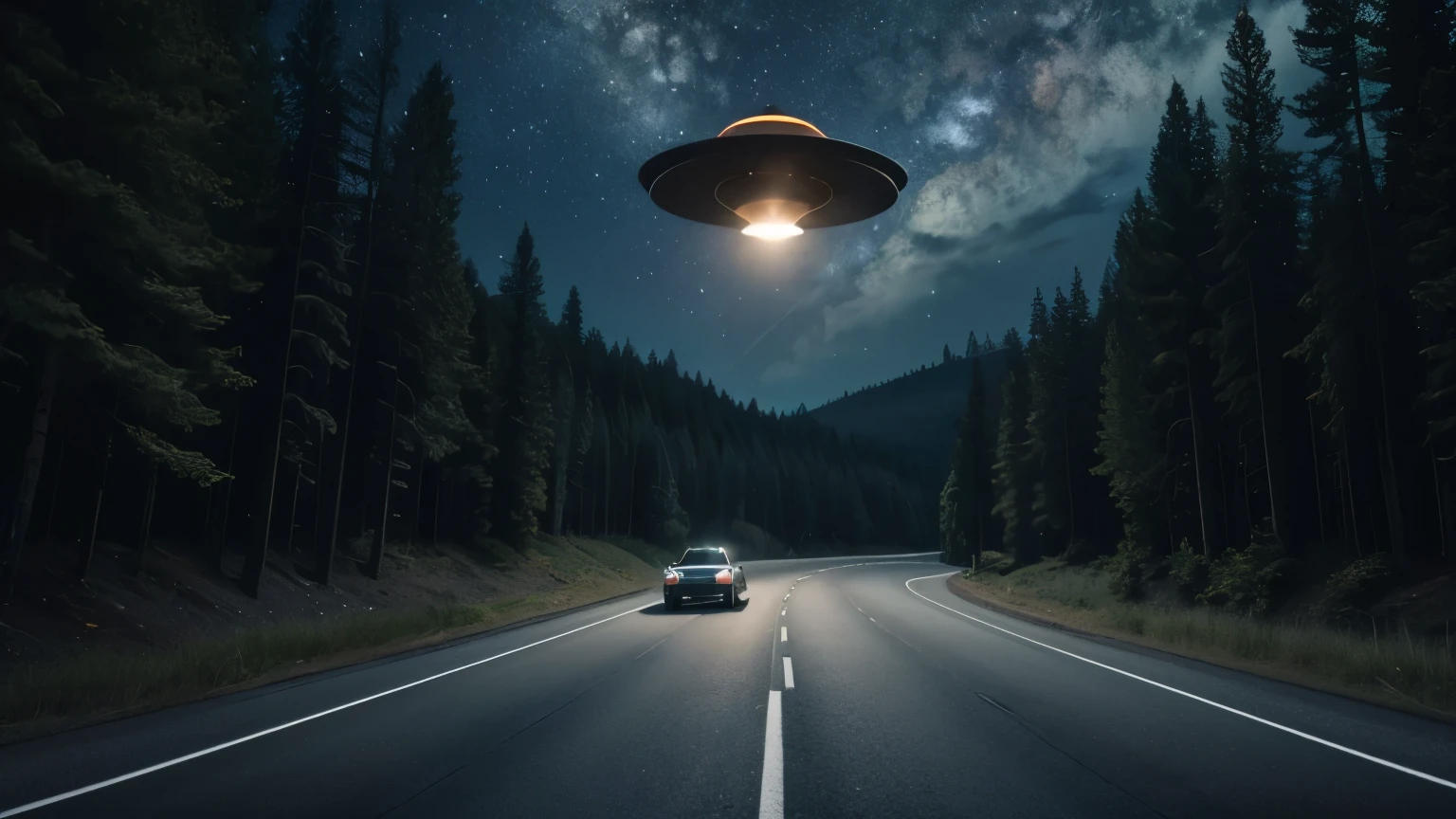 Flying saucer hovering over the highway, Surrounded by forest, 2 cars stopped in the middle of the road, 5 people looking up, frightful, apavorante, They are mysterious, 8k, cinematic lighting, stary night.
