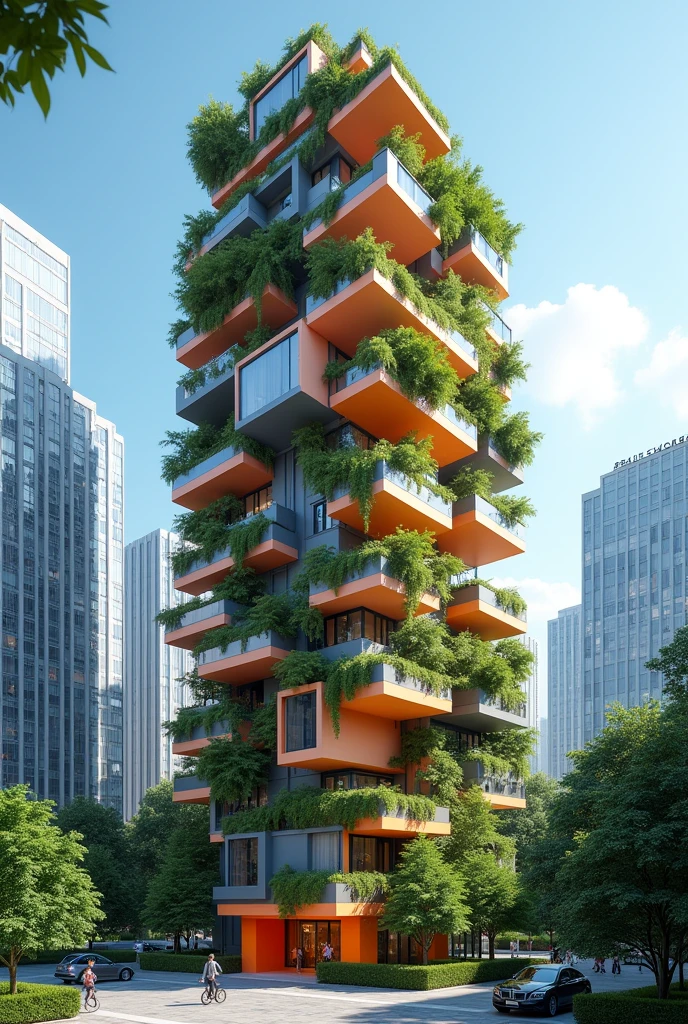 building in the middle of other buildings, with a super simple structure but containing elements of avant-garde architecture, as an example with vibrant colors, sloped walls and we see it with a lot of green area above it and it exaggerates its areas where it has cube shapes