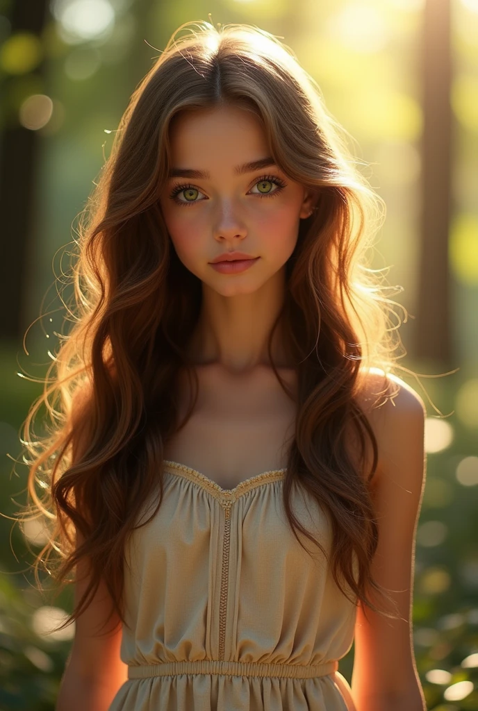 A girl of 1,60 meters with brown hair down to the waist, big green eyes, long lashes, delicate features, slim and well-shaped body