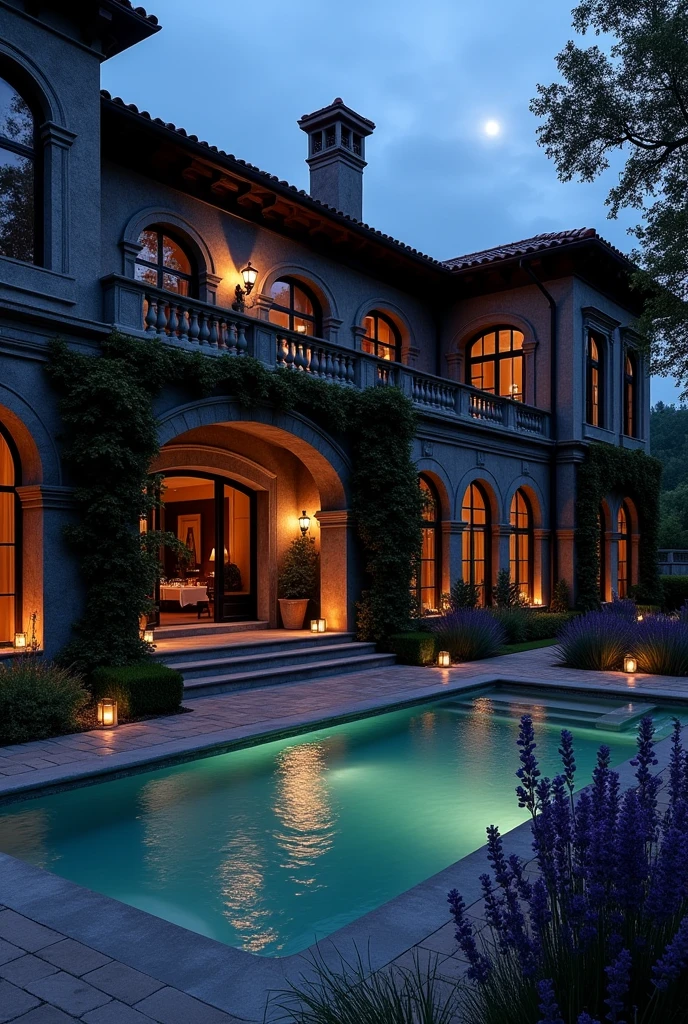 Create a dark black villa with a pool in Italian style