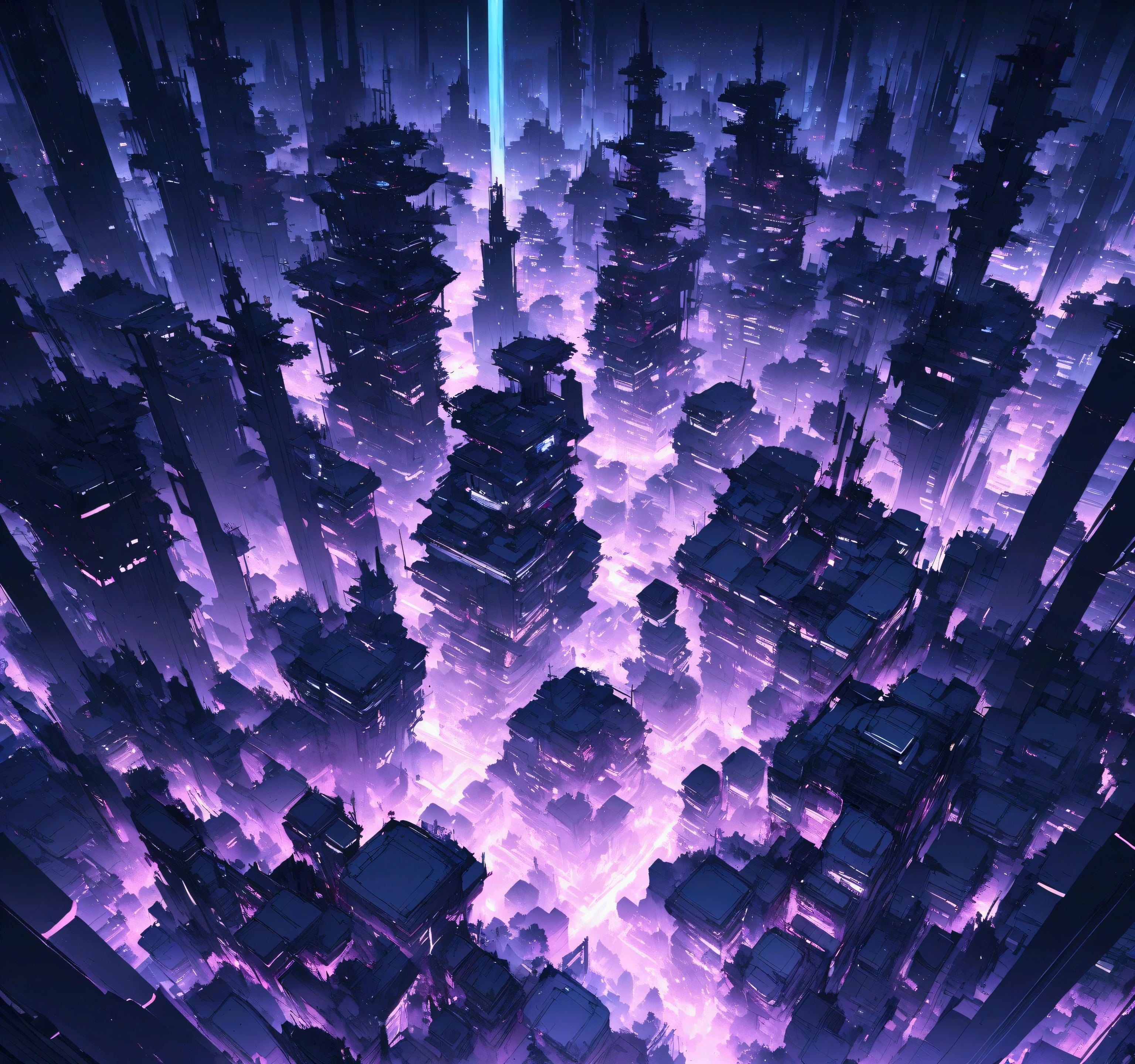 Generate a landscape in the middle of a futuristic urban night city with a cool color palette