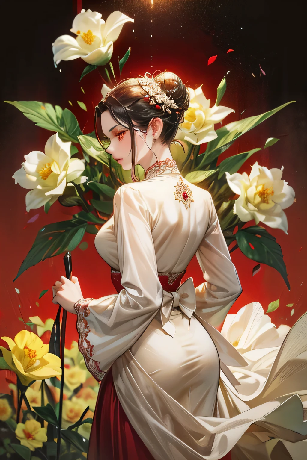 just 1woman, holding daffodil flower, surounded by red and white rose garden, black big bun in her back hair, red and white suit, red eyes, kebaya, javanese sinden style, detailed, accurate, 4K high Quality.