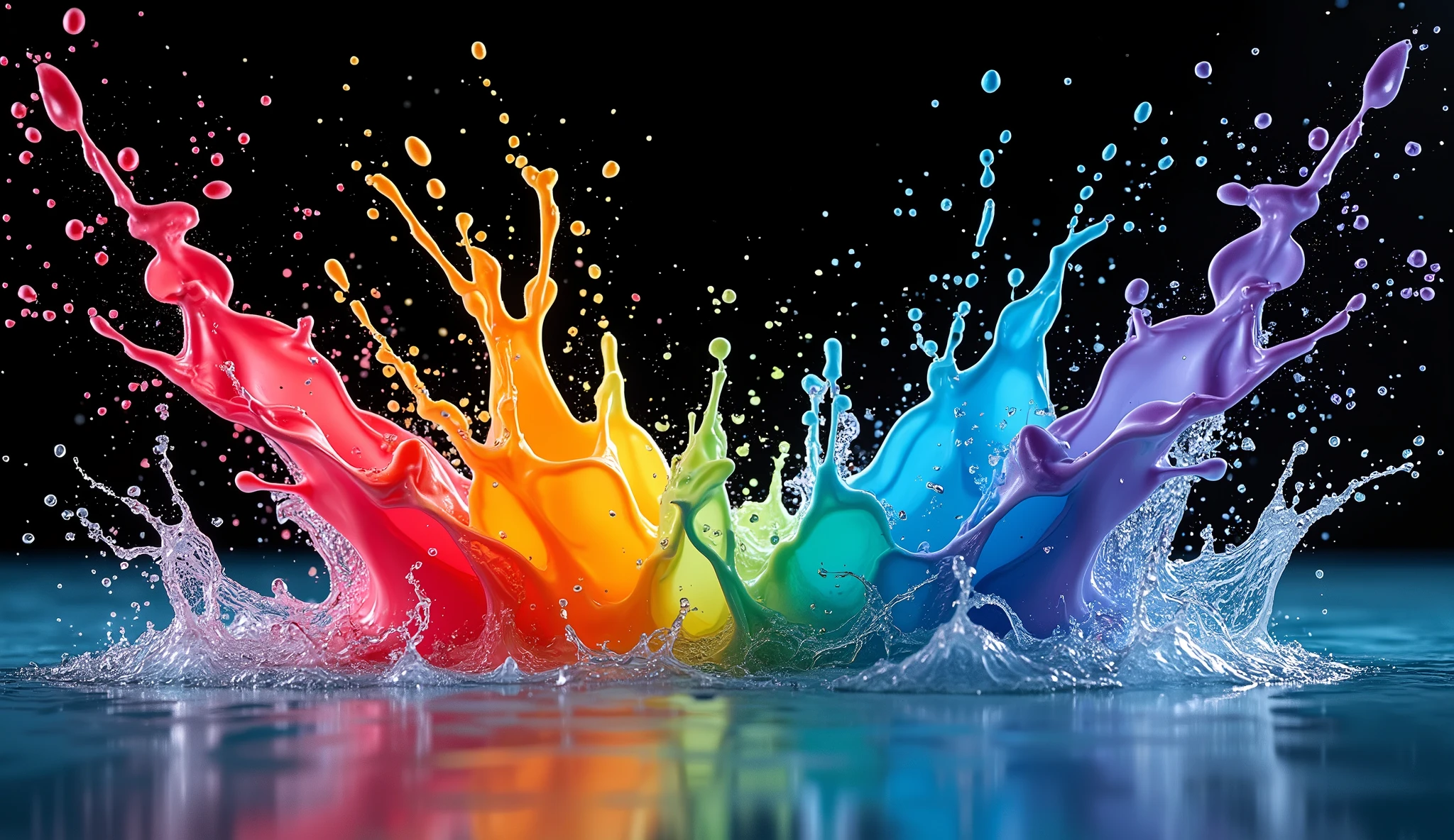 3D abstract rainbow liquid, low angle camera shot from under water, paint sprayed to water from left and right side, paint in rainbow colours, black background, illustrative, UHD