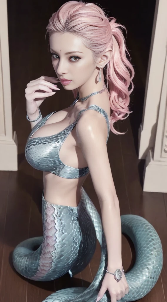 White Snake Ji，((Best picture quality, 8k, tmasterpiece:1.3)), Lady, Slender Abs:1.3, (Casual hairstyle, No leakage of big breasts:1.3), Delicate golden scales:1.3, （mermaids：1.2）、（Elongated S-shaped snake tail：1.3），Ultra-fine face, A detailed eye, double eyelid，Meticulous hands，Cold，graceful and dignified，（A look of desire and dissatisfaction），（nakeness:1.2），Raised sexy，They want，Letter tattoos，8k、((Gal Makeup))、((Ancient Greek ornaments　Bracelet、hair ornaments、first round))、((random　Hairstyle))、(Ancient City)、Romania、Lower body is a snake、Snake Woman、Medusa、(silver and pink gradation hair)、((Camera angle from above))、Silver Mist、Super Real Photo、look back、Tattoo on the right shoulder、Tattoo on left arm、A tattoo of Greek letters