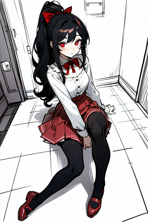 using pantimedies, wavy black hair, piercing look with deep red eyes, average stature, Silky hair with a ponytail hairstyle collected with a red bow with two white lines, with clothes, has a vagina, has breasts, cup of breasts, small breasts, slim, foreground, Session, sitting in her room, sitting on the floor of her room, wearing pantyhose, using pantimedies, Picardias, short skirt, shoes, blouse with straps 