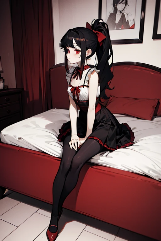 using pantimedies, wavy black hair, piercing look with deep red eyes, average stature, Silky hair with a ponytail hairstyle collected with a red bow with two white lines, with clothes, has a vagina, has breasts, cup of breasts, small breasts, slim, foreground, Session, sitting in her room, sitting on the floor of her room, wearing pantyhose, using pantimedies, Picardias, short skirt, shoes, blouse with straps