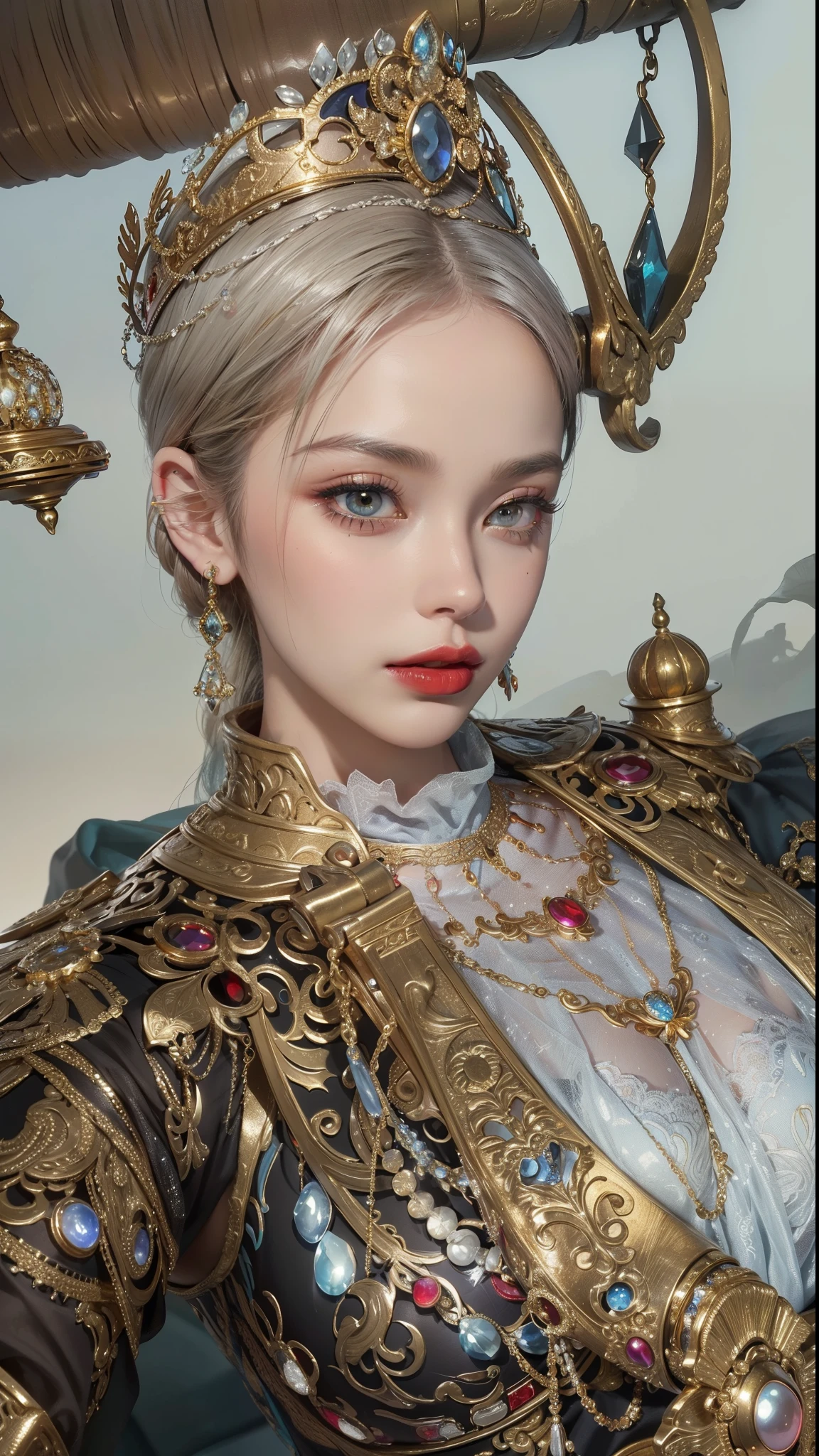 Royal princess,Extremely detailed, Delicate face, Stock Photography , Portrait 400, F1 Camera Lens.6, rich and colorful, Surrealism, Realistic textures, Dramatic Lighting, Thin Film Distiller 800 (8K, original photo, Better quality, masterpiece: 1.2), Extremely detailed, (Extremely delicate skin: 1.2), 8K ultra high definition, SLR camera, Soft Light, high quality.Fire Queen,Blue pupils,Wear red lipstick,Have a tattoo,The tattoo is very three-dimensional,Gorgeous and intricate tattoo designs,Dark eyeshadow,Sexy thick lips(Red lipstick),Gorgeous pearl and gemstone decoration,Cleopatra wore jewelry made of gold and precious stones.,The stunning Queen