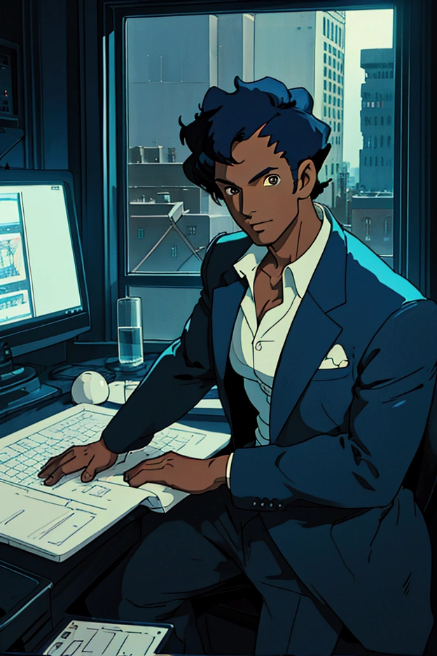 cowboy bebop animation, black male character, 30, short hair, dark eyes , blue lighting, wearing a suit, typing at a computer, programmer, panoramic window view of washington dc, night, luxury decor, futuristic