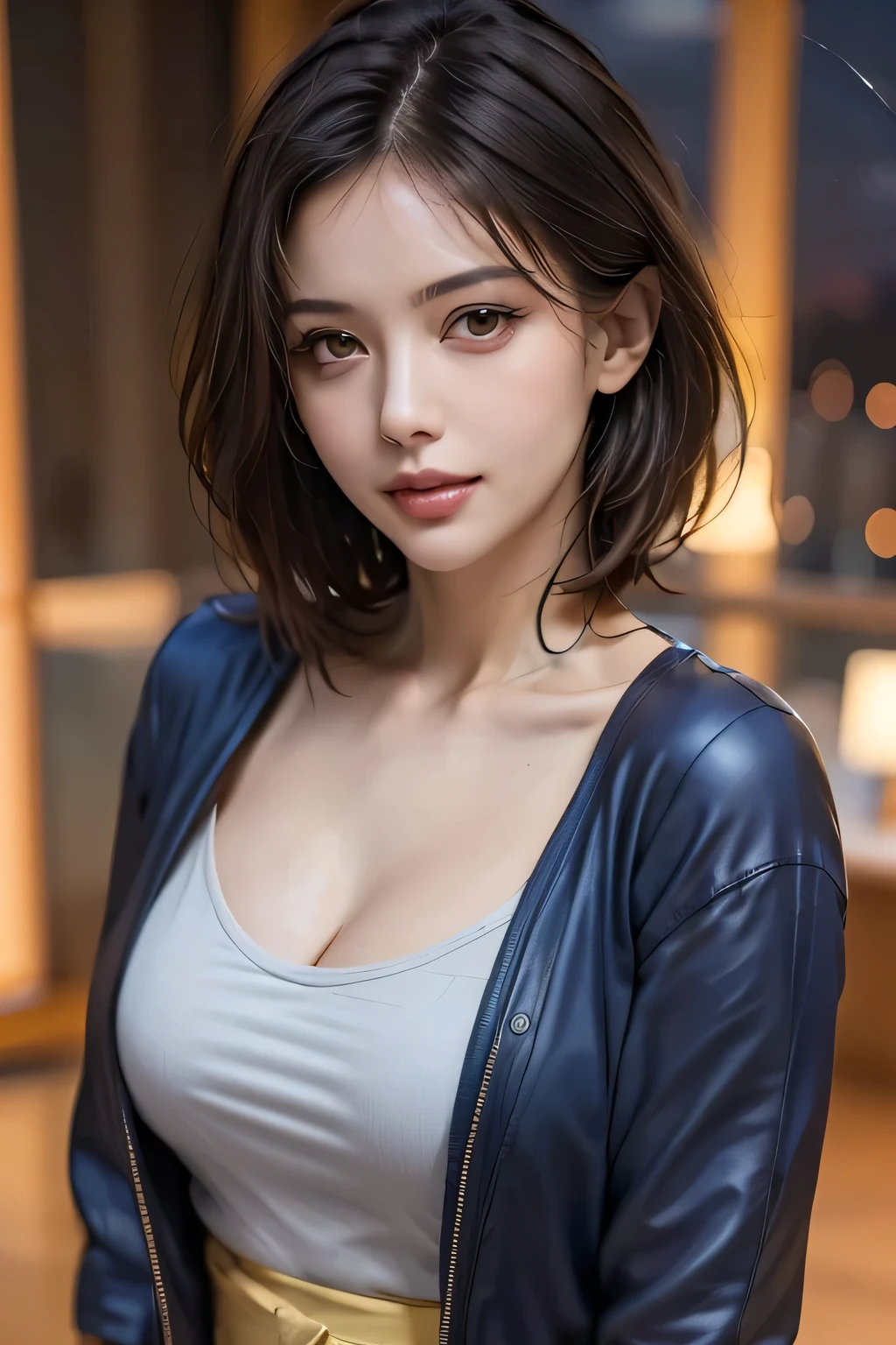 (highest quality, 8k, 32K, masterpiece), (Realistic), (Realistic:1.2), (High resolution), (night:1.7), Japan, cyber punk, City View, In front of the window,Wooden floor, 
Blue jacket, Grey Shirt, clavicle, jewelry, gem, Brunette Bob, 
1 female, 45 years old, beautiful Finger, beautiful long legs, beautifulbody, beautifulNose, beautifulcharacter design, Perfect Eyes, perfectface, Expressive eyes, View your viewers, Center the image, (upper_body), (Focus on her face),
Official Art, Very detailed CG Unity 8k wallpaper, Perfect lighting,Farbeful, bright_front_face_Lighting,Glowing Skin,
(masterpiece:1.0),(Highest_quality:1.0), 超High resolution,4K,Very detailed,
photograph, 8k, High resolution, High resolution, absurdes:1.2, 400 for Kodak Port, Film Grain, Blurred Background, bokeh:1.2, Lens flare, (Vibrant_Farbe:1.2)
(beautiful,chest), (beautiful_face:1.5),(narrow_Waist),