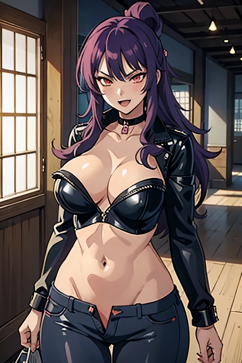 suzune, purple hair, red eyes, long hair, choker,
blush, lipstick,,jewelry, earrings, Hot girl, baddie, bad attitude, mean girl, crazy, smoking, sensual, attractive, mall, shopping center,indoors, masterpiece, best quality, highly detailed, a girls with a gun, evil smile , open mouth, sexy gaze, badass pose , evil smile, smile, guns blazing, anime girl with long hair, beautiful long haired girl, navel, evil expression, exposed belly, exposed navel, exposed midriff, exposed lower belly, long black pants, crop top, cleavage, unbuttoned leather pants ,open fly, low rise black leather pants, leather jacket, holding a gun, holding pistol, navel piercing