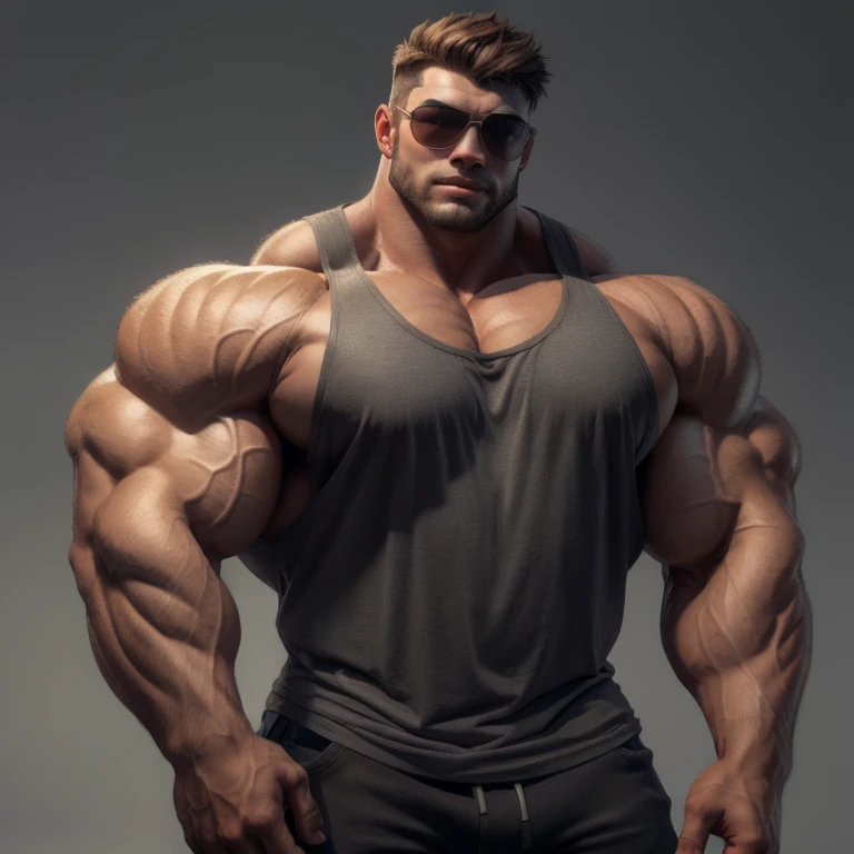 hyper growth, Bulge, hyper muscles, a very handsome young man, sunglasses, shirtless, exaggeratedly muscular, on a black background