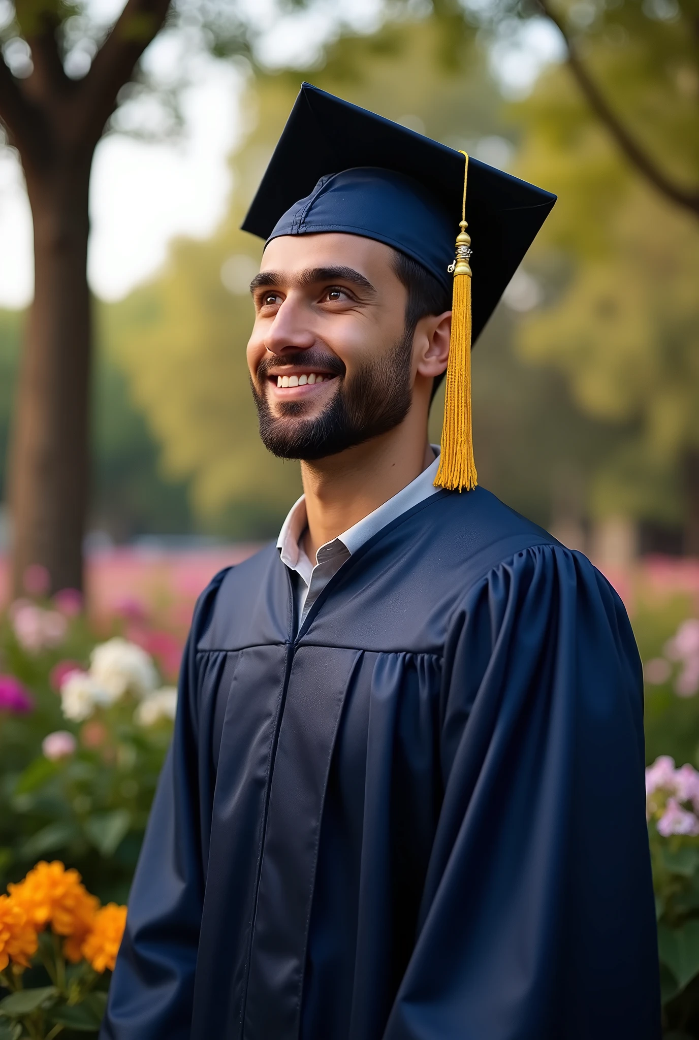 I, in a gown and cap