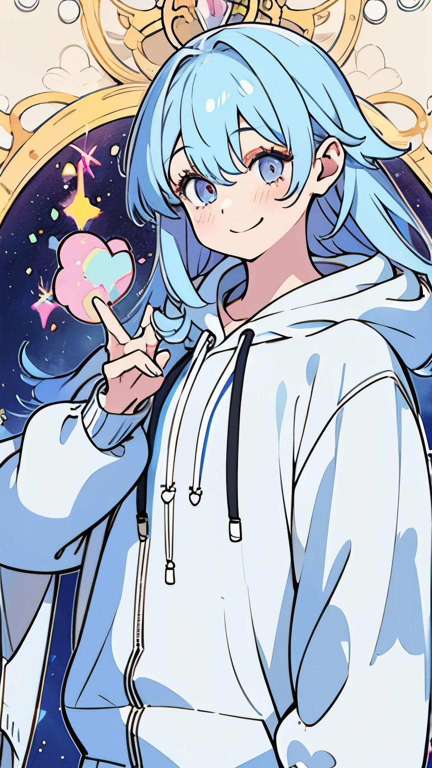 a majestic girl pastel color hair wearing a hoodie using magic smiling