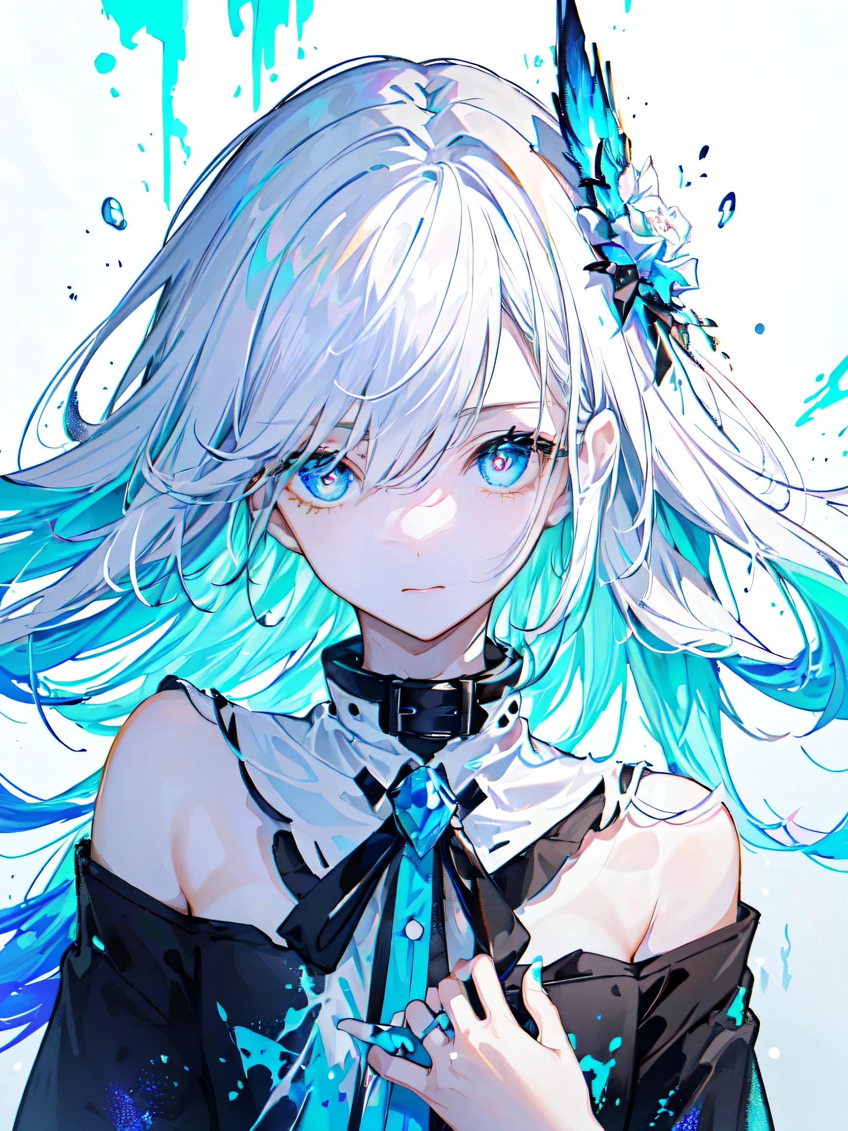 (((masterpiece))),(((Highest quality))),((Very detailed)),(shape),(Dynamic Angle), ((floating)),(paint),((Messy Hair)), (alone),(1 person), ((small_chest)), (((Detailed anima face))),((Beautiful and elaborate face)),collar,Exposing shoulders,  Gray Hair, ((Colorful Hair)),((Striped Hair)), Fine and beautiful eyes,(Gradient Color Eye),(((Colorful eyes))), (((Colorful background))),(((High color saturation))),(((Surrounded by colorful splashes))),(((Surrounded by colorful dots))),Colorful Bubbles,((The Shining))