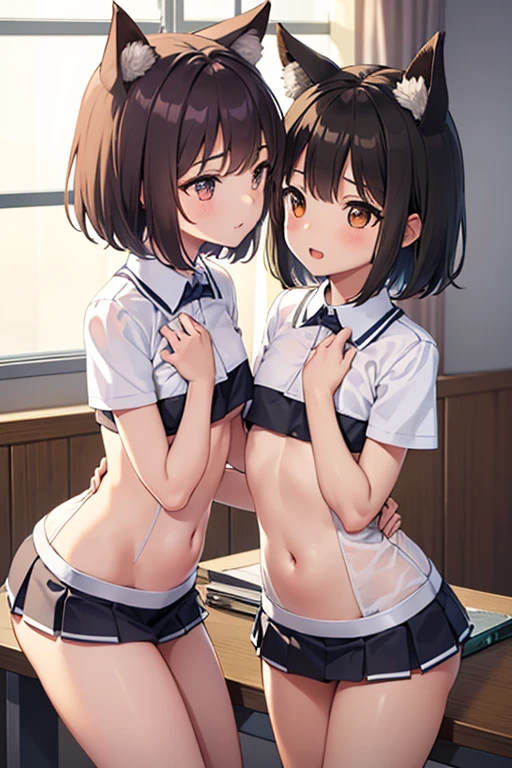 Two Girls cute Background INSIDE Classroom Two people kissing (Two Girls Wolf ears Brown short hair White shorthair) Petite Normal chest Thin thighs first round uniform