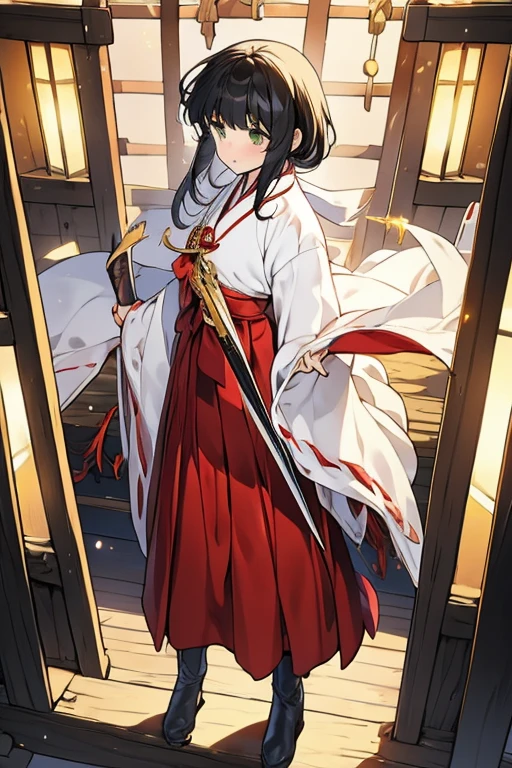 Highest quality, Very detailed,masterpiece,anime, Ultra-high resolution,If you look closely at the eyes, Best illustrations, A very condensed individual, (Very delicate and cute face)、Character portrait、Full body portrait、beautiful girl,Shrine maiden,Japanese、Black hair, medium length, reaching the shoulders,Green Eyes、Shrine maiden服、black tights, Leather long boots、Standing with a wooden sword drawn、No background、Characters only、Red cheeks、Embarrassed expression、