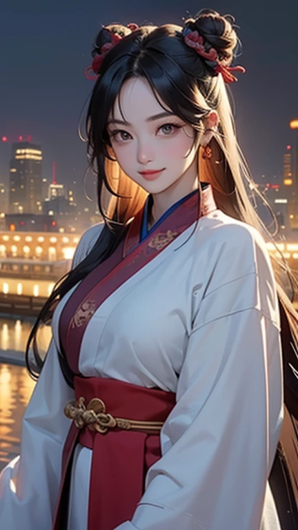 ( High resolution、 Super detailed)、masterpiece、Highest quality、High resolution、8k、Detailed Anime、Buildings from the Tang Dynasty、Tang Dynasty China、Tang Dynasty China、Young and beautiful woman、Beautiful Face、Beautiful Face、Pretty lips、Hanfu、(whole body)、Hair styled in a bright-colored round bun、Smiling eyes、Walking、Cowboy Shot、background、Buildings from the Tang Dynasty、The city of Chang'an during the Tang Dynasty in China、Plum blossom、river view、Riverside city lights、Lantern Light、Detailed CG、